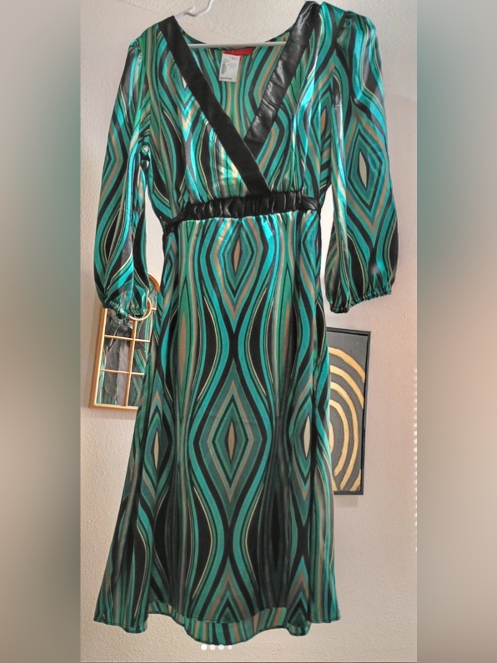 NWT Sangria Green Geometric V-Neck Long Sleeve SILK Dress L